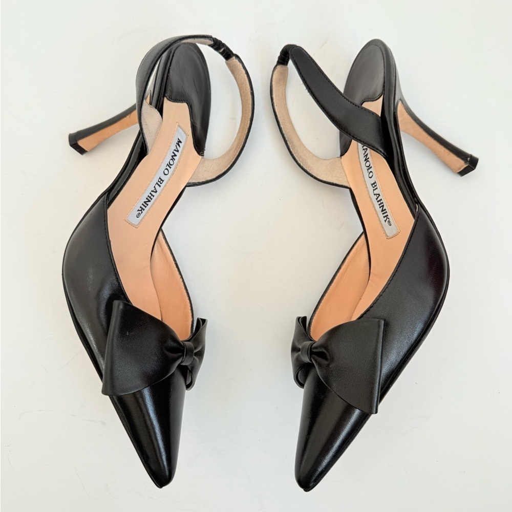 Manolo Blahnik Vintage Black Leather bow embellish slingback pumps EU36.5 - Picture 3 of 8